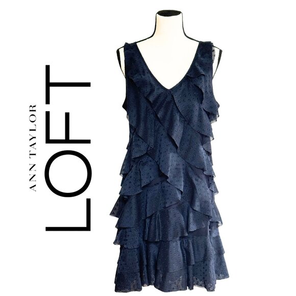 Ann Taylor LOFT Navy Ruffle Tiered V-Neck Mini Dress Romantic Boho Chic Size 12 - Picture 1 of 13